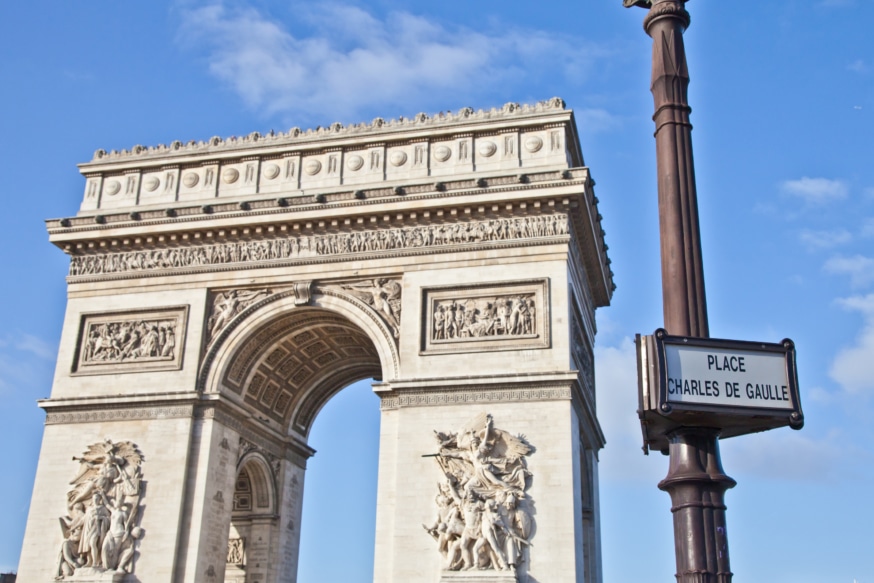 The Arc de Triomphe (Arc de Triomphe de l'Étoile) is one of the most famous monuments in Paris. It stands in the centre of the Place Charles de Gaulle, at the western end of the Champs-Élysées