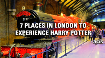 Harry Potter's train station in London with a red engine
