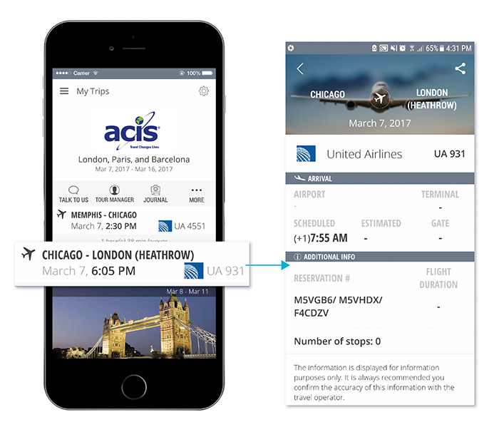 screenshots of the ACIS app's flight info tab