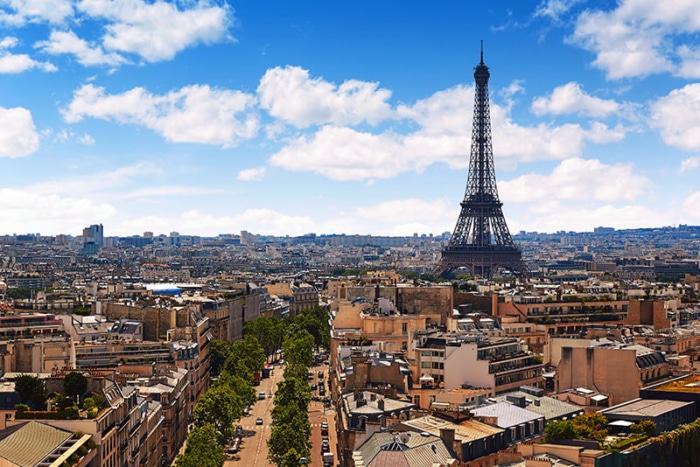 Paris Eiffel tower and skyline aerial view in France