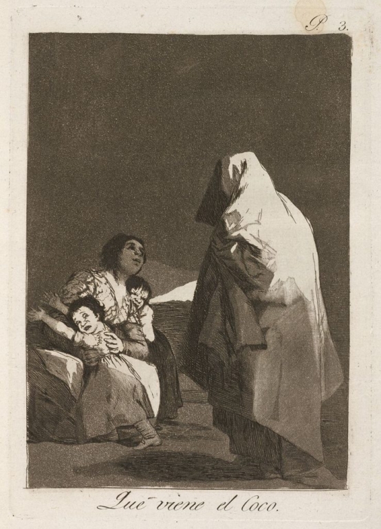 Illustration of a draped El Coco standing in front of a mother and her two children