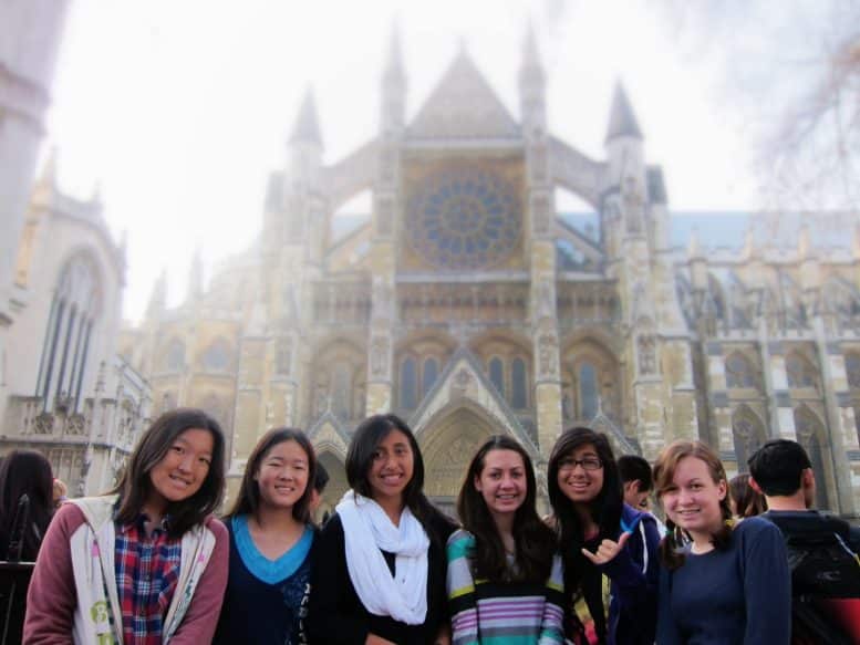Girls standing in front of Westminister Abbey