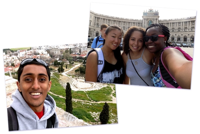 Collage of students taking selfies in front of landmarks