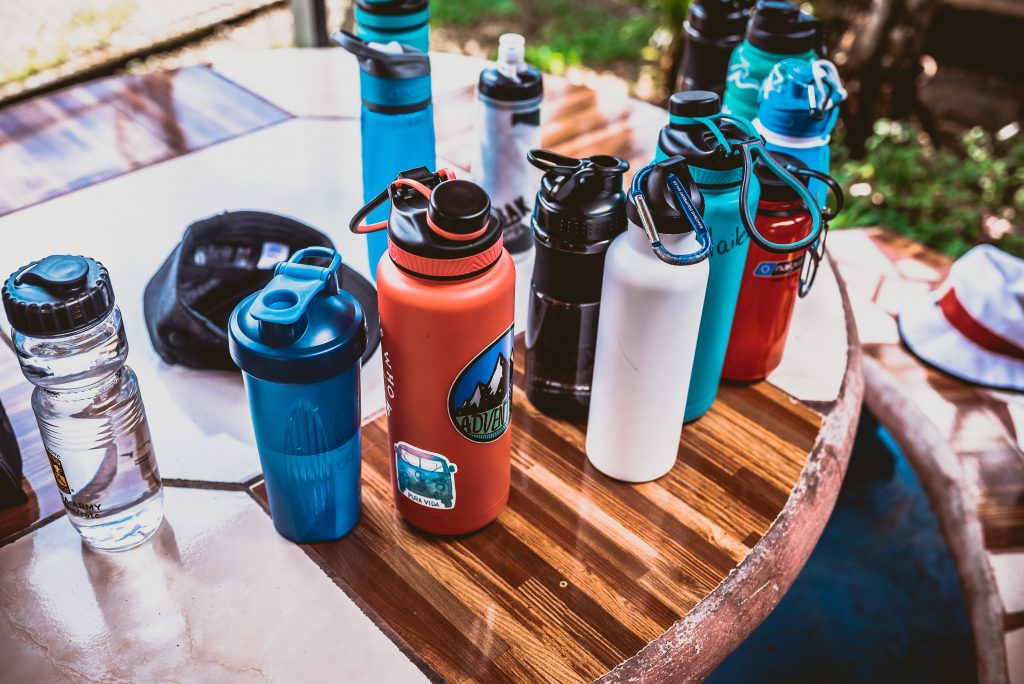 Students' water bottles on a table while in Costa Rica