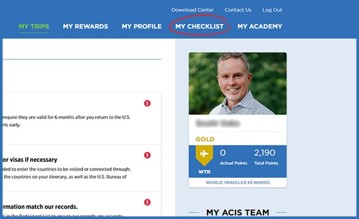 Screenshot of MyAccount checklist link