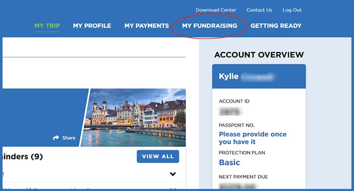 Screenshot of MyAccount fundraising link