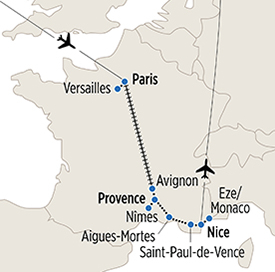 Map of Paris, Provence and the Côte d'Azur itinerary