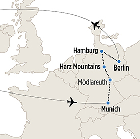 Map of Munich, Hamburg and Berlin itinerary
