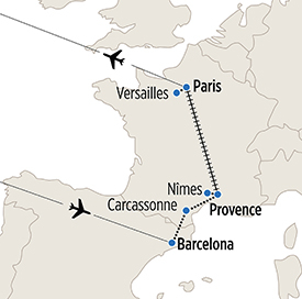 Map of Paris, Provence and Barcelona itinerary
