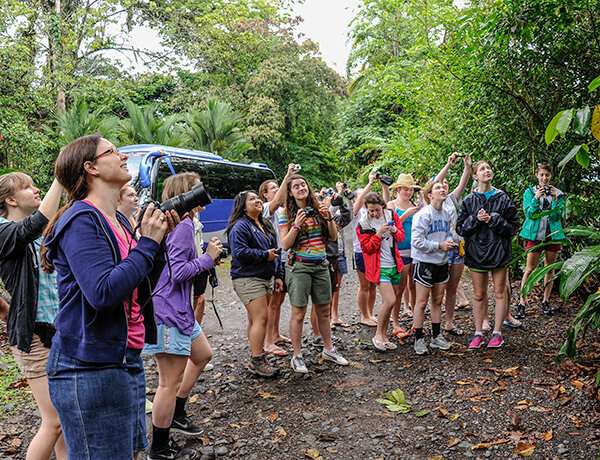 Student group taking photos in the jungles of Costa Rica