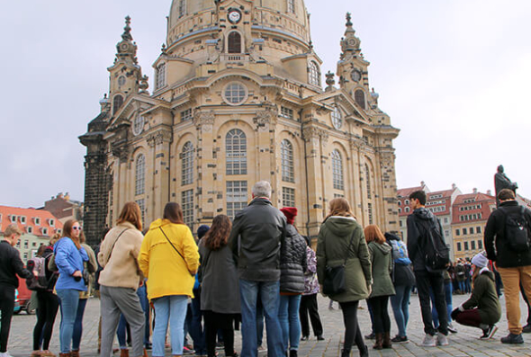 Students admire the architecture of Dresden
