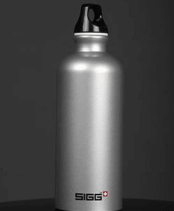 A tall silver water bottle