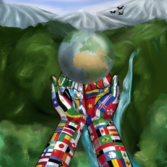 Artwork of hands decorated with flags holding a globe