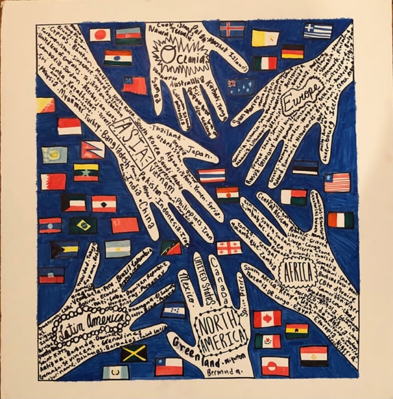 Artwork of hands reaching towards each other with text and flags