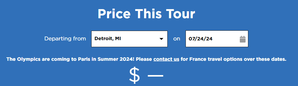 Tour Pricing module from ACIS.com that encourages visitors to call their ACIS Program Consultant 