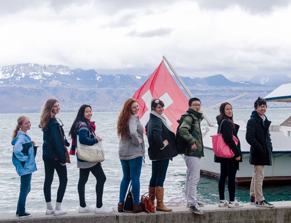 Group boarding a boat at Lake Geneva in Switzerland