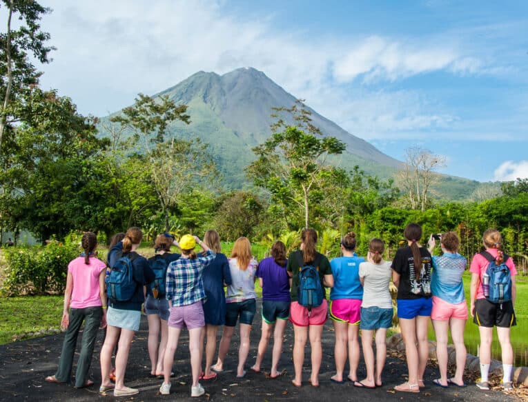 Students looking at Arenal volcano