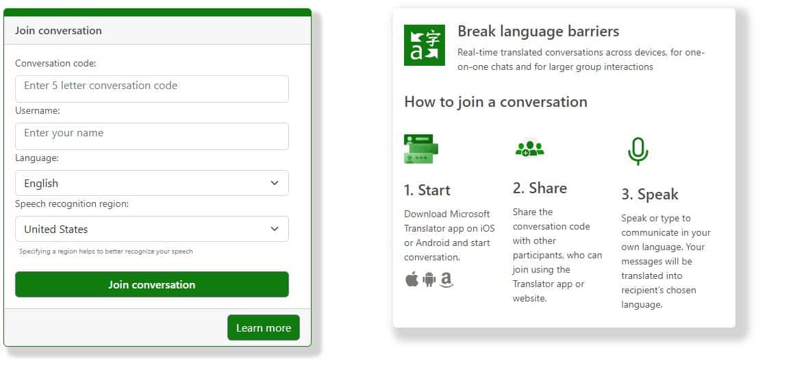 Conversation mode through Microsoft Translator 