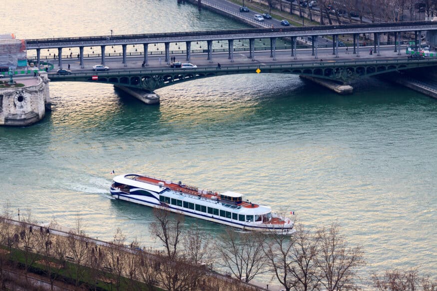 Ship on Seine river in Paris, view from Eiffel Tower