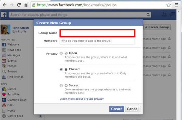 Facebook enter group name