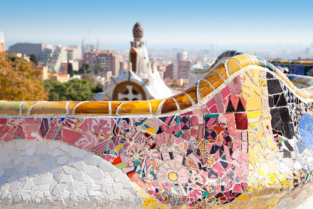 Barcelona Parc Guell Colorful Bright Mosaics and View