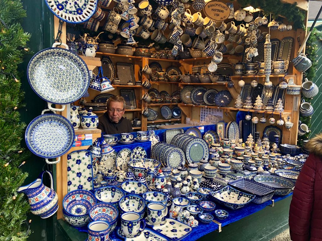 Christmas market stand with traditional eastern European pottery