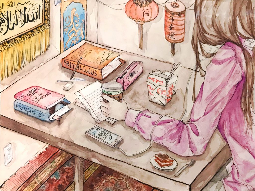 Watercolor and ink painting of long-haired student in purple hoodie drinking a Starbucks coffee and eating Chinese food ad tiramisu while listening to K-pop ('BTS') on her smart phone. The hoodie has a tag on it that reads 'Made in India'. There are red Chinese lanterns hanging from the ceiling on the student's right side; across from her are textbooks on the table and wall decor with elaborate calligraphy.