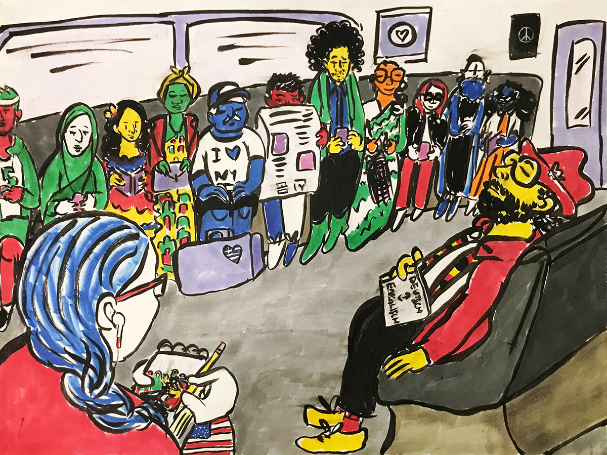 Ink and marker drawing with bright, vivid colors showcasing the diversity that can be found in a single subway car in New York City. Thirteen passengers are shown, each featuring their respective nations' flags' colors. In the bottom left corner, we see the artist with her hair in a long braid, listening to music and sketching the scene in front of her.