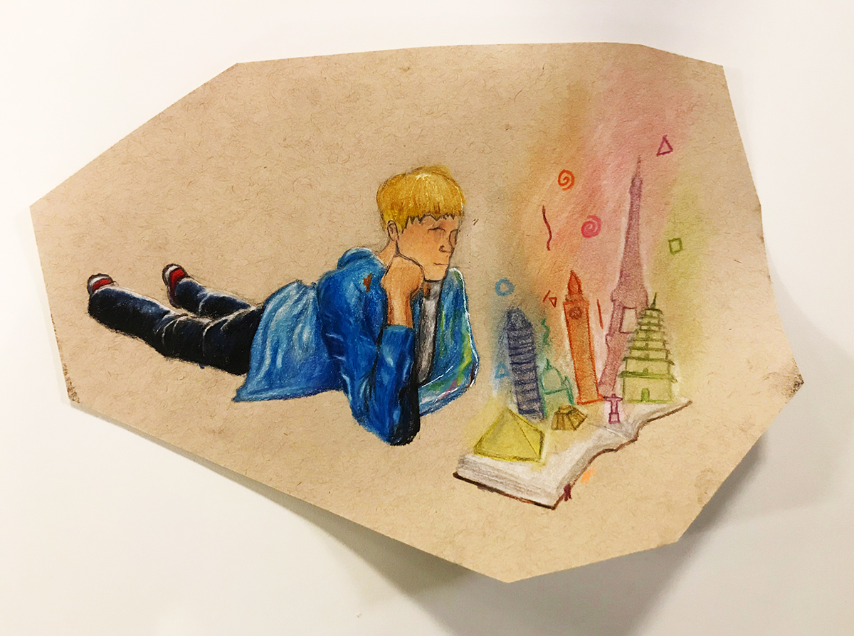 Irregularly-shaped mixed media drawing on tan-colored paper of blonde boy in a blue long-sleeve shirt, jeans, and red sneakers reading a book that has magical, glowing historical structures such as the Eiffel Tower, the Leaning Tower of Pisa, the Egyptian Pyramids, and the Taj Mahal emanating from its pages.